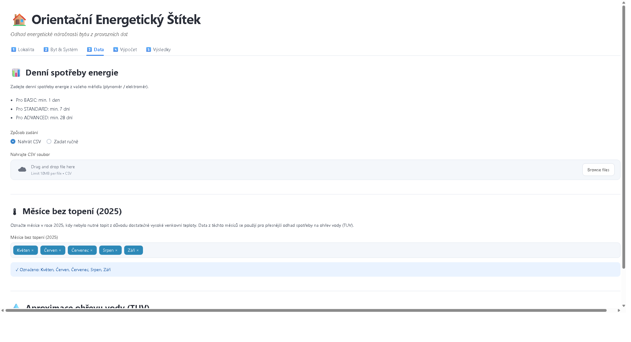 Ukázka rozhraní PENB aplikace pro nahrání dat o spotřebě, výběr měsíců bez topení a aproximaci TUV